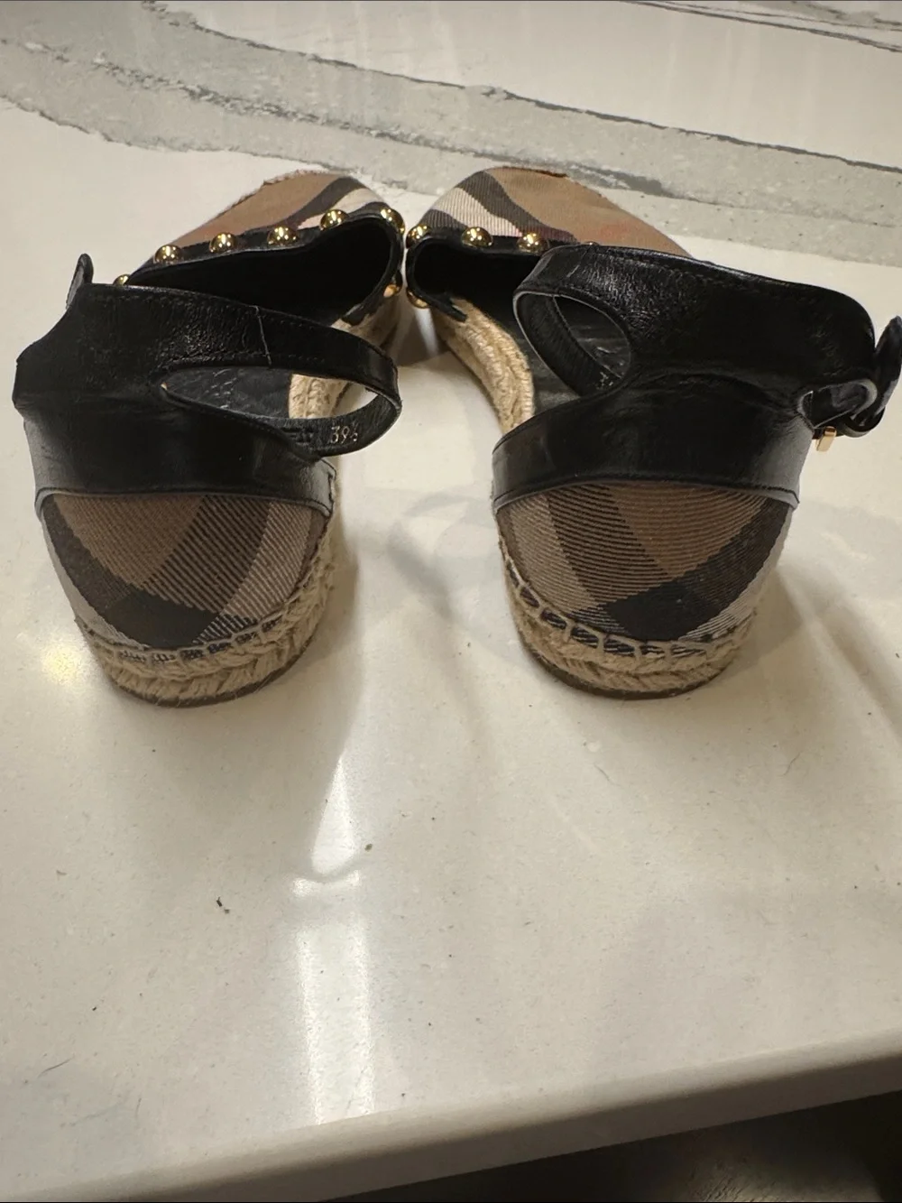 Burberry Plaid Espadrille Flats with Black Ankle Strap and Gold Studs SzEU39.5